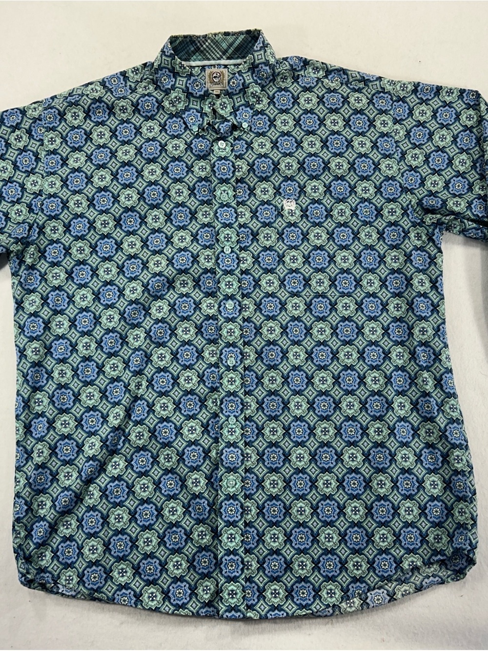 Cinch Mens XL Western Shirt Blue Green Geometric Print Long Sleeve Button Up